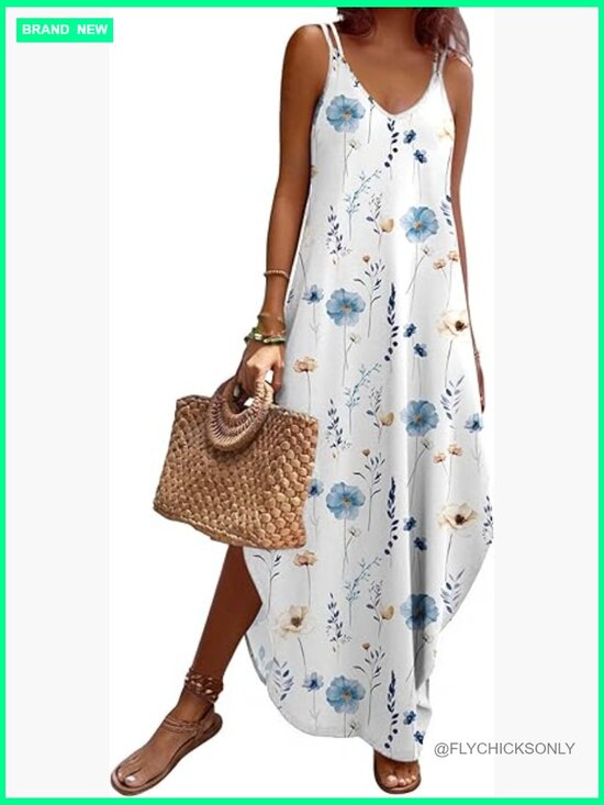 Dresses & Skirts - Polyester Spandex Maxi Sundress with Pockets V-Neck Sleeveless